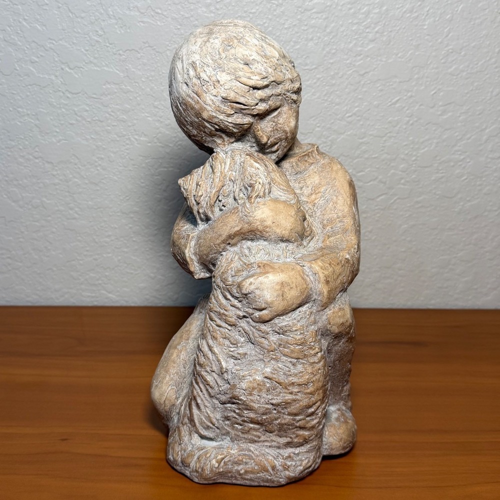 Vintage 1972 Austin Productions Boy Hugging Dog Sculpture Statue 12"